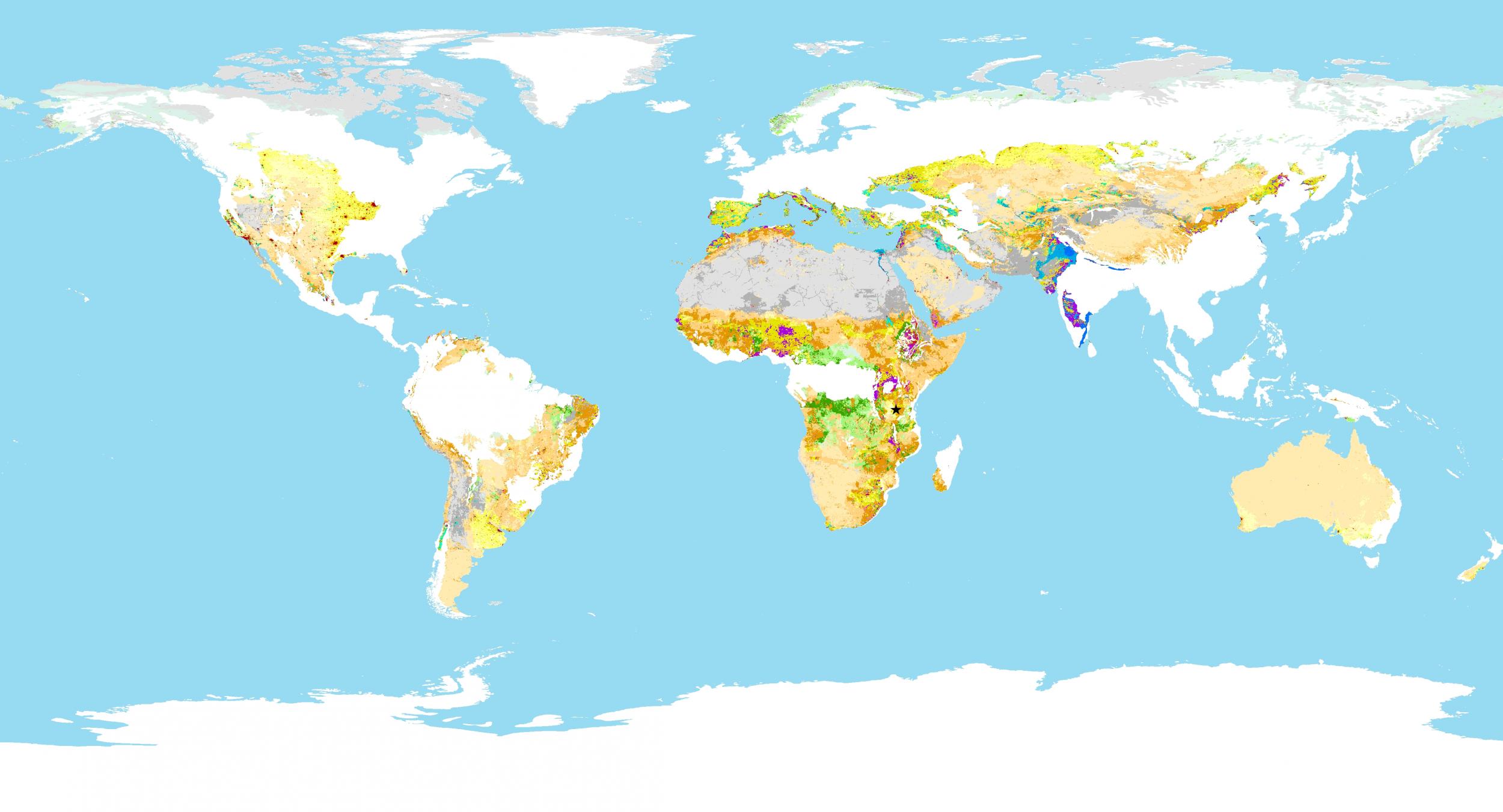Anthropogenic biomes found in rangeland globally (Year 2000)
